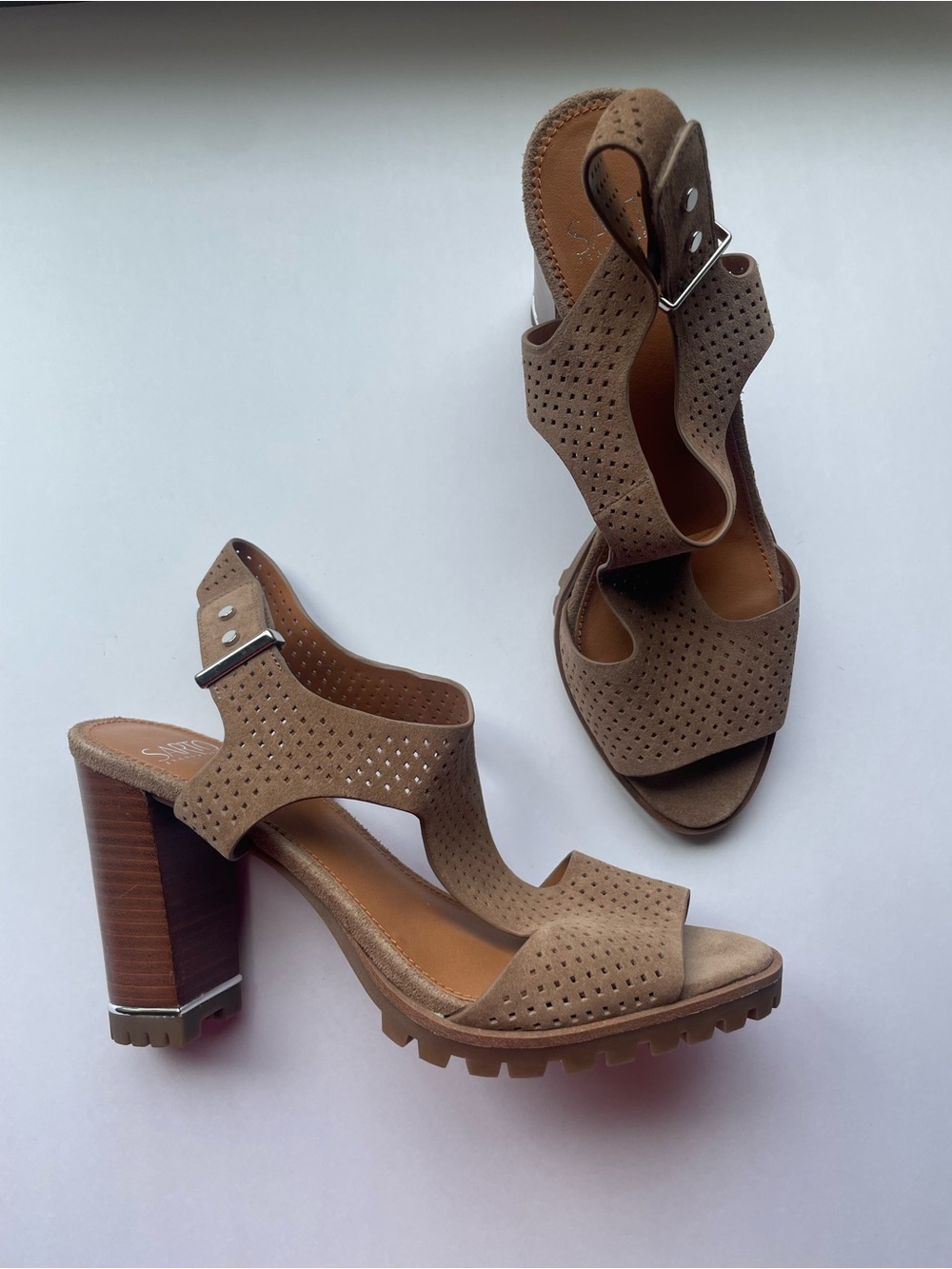 SARTO By Franco Sarto Tan Perforated Suede Block Heel Sandals - Picture 3 of 7